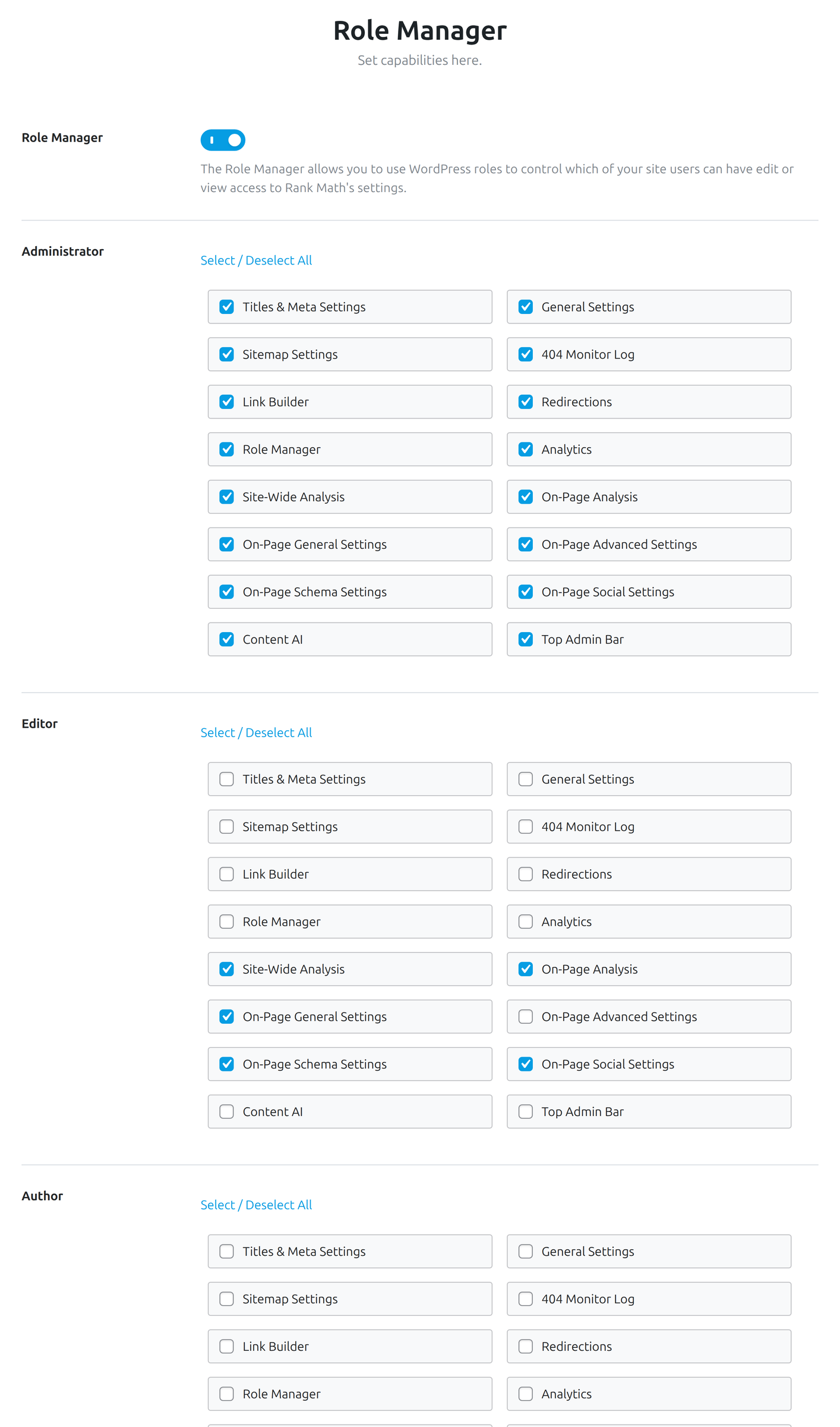 WordPress role permissions in the Rank Math role manager