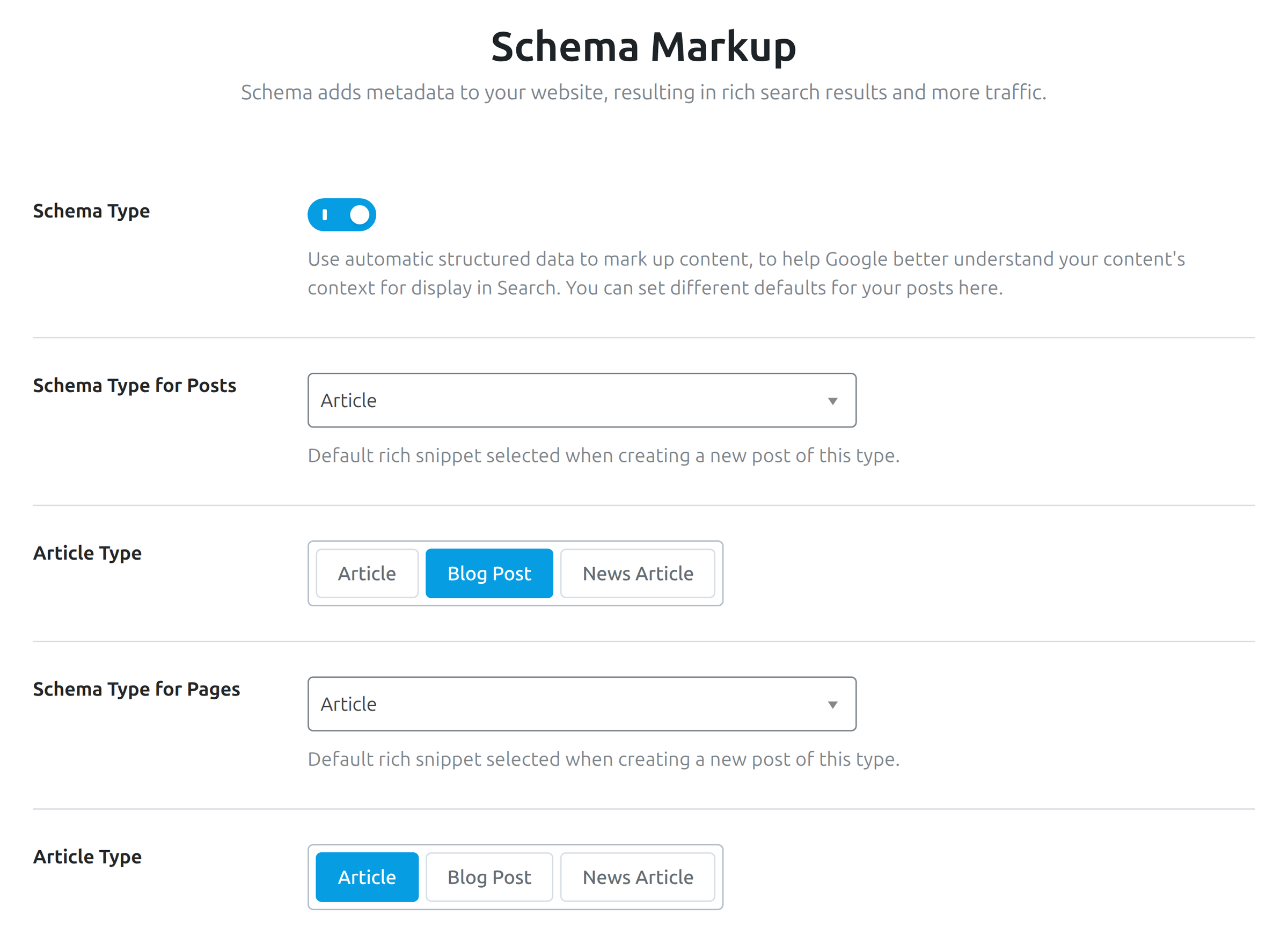 Default Schema types for posts and pages in Rank Math