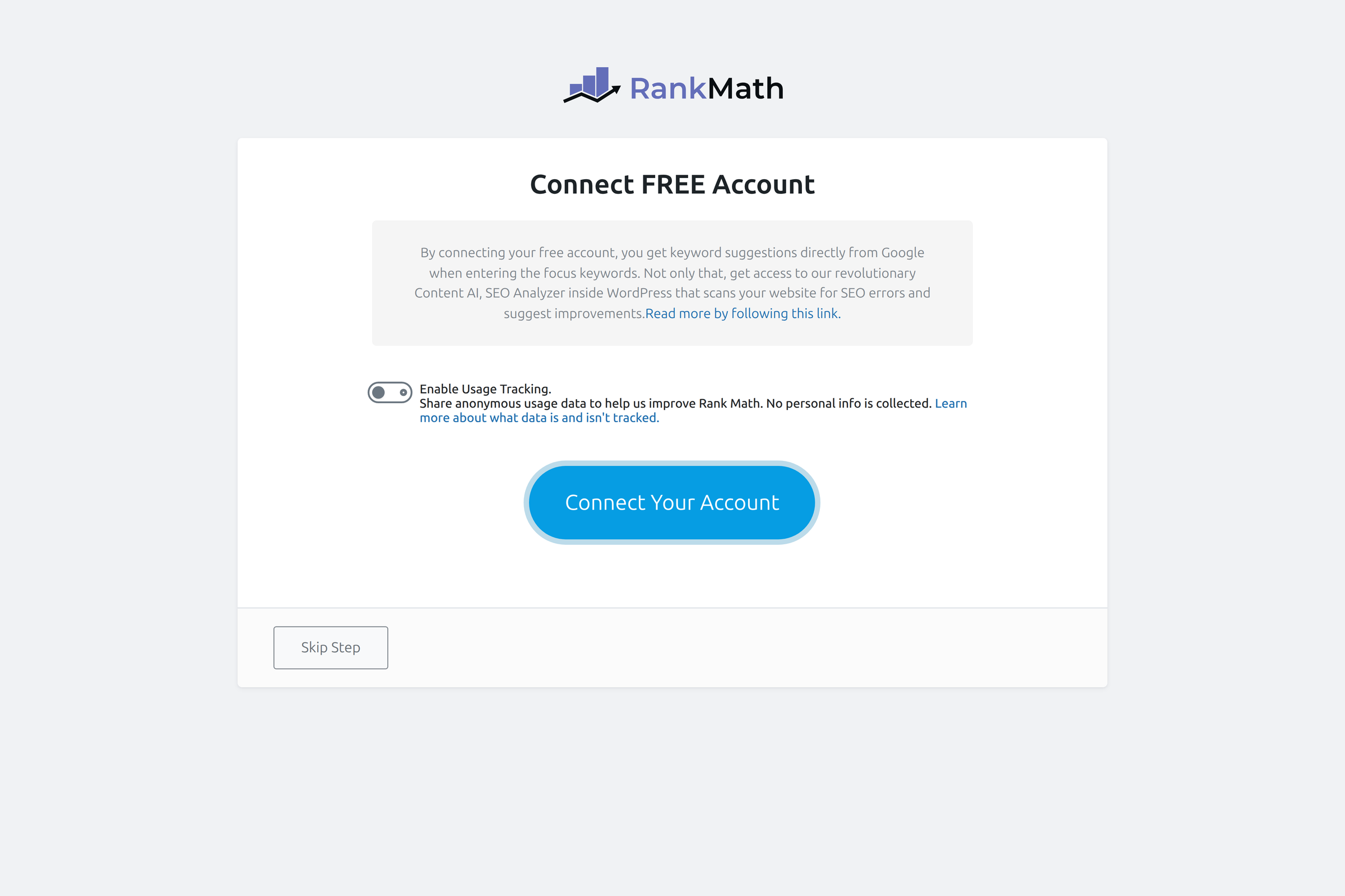 Rank Math setup screen with the Connect Your Account button