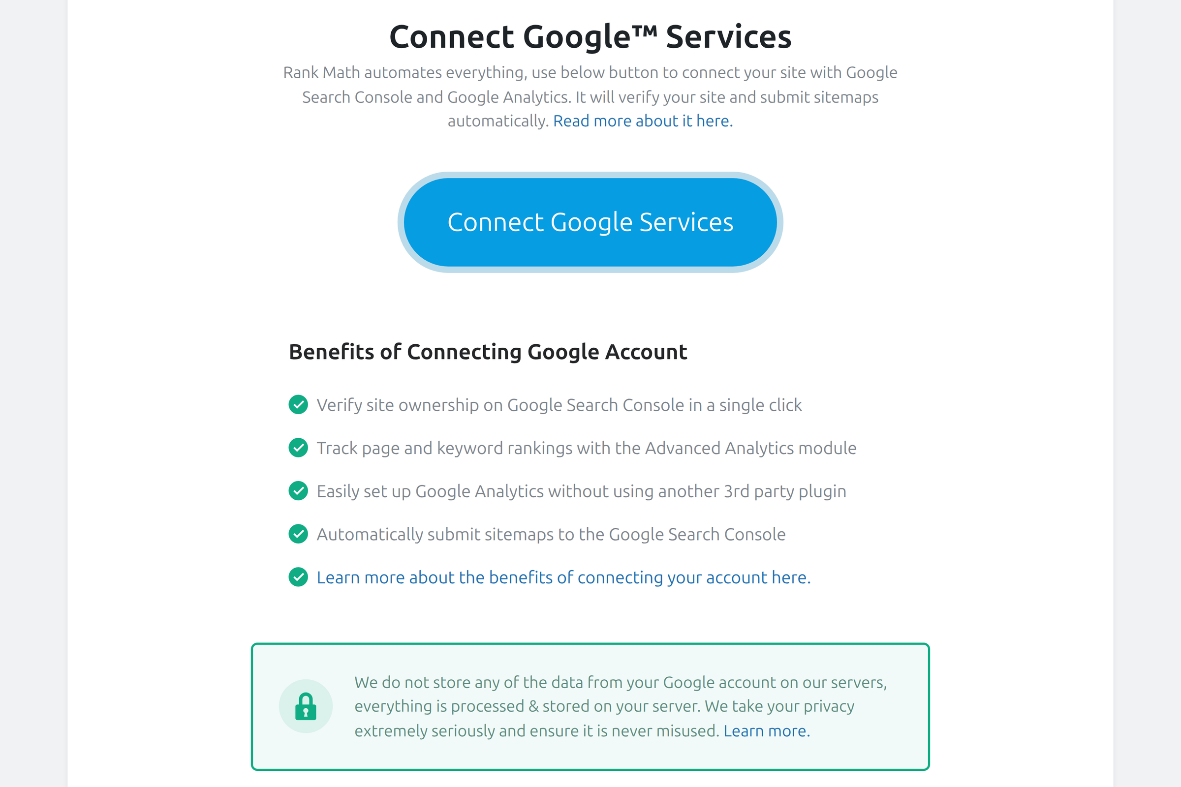 Connect Google Services screen in Rank Math Analytics