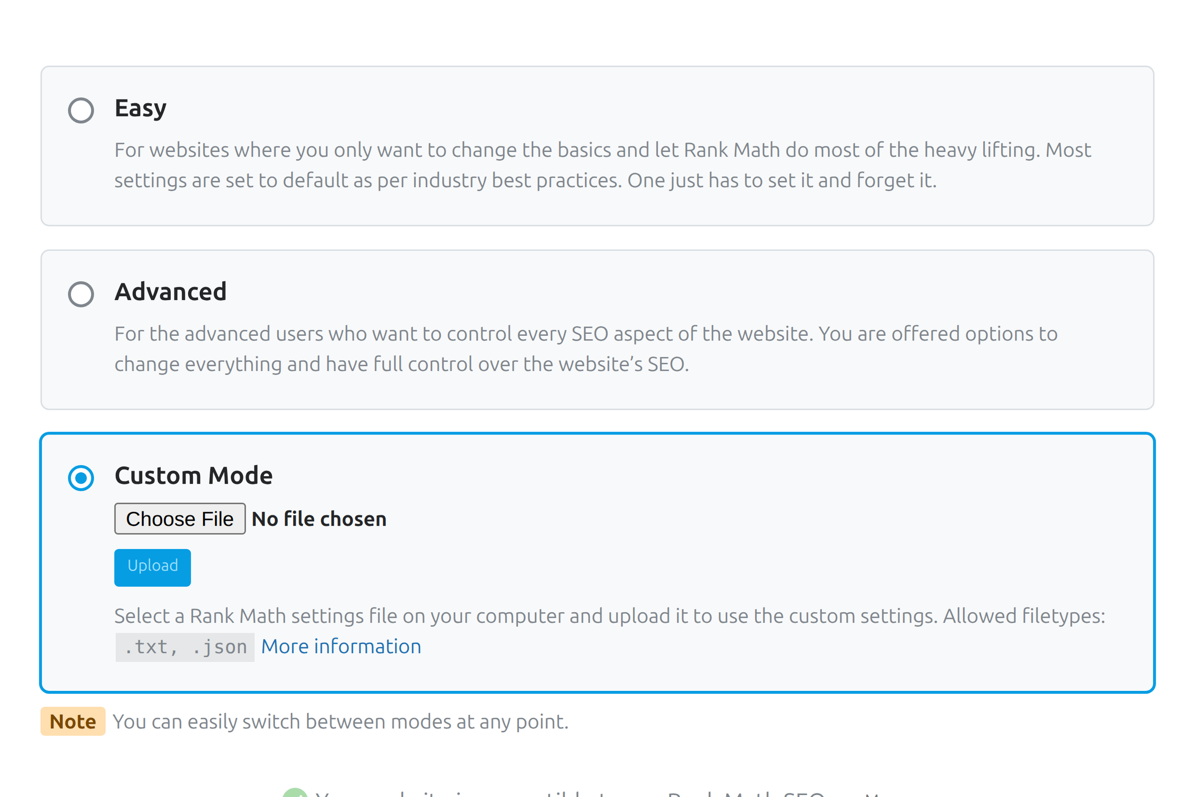 Custom mode for importing a Rank Math settings file