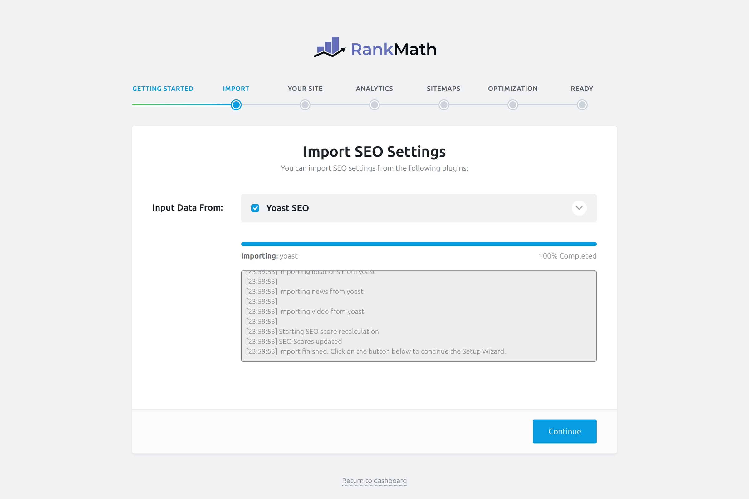 Completed Yoast SEO import in the Rank Math setup wizard