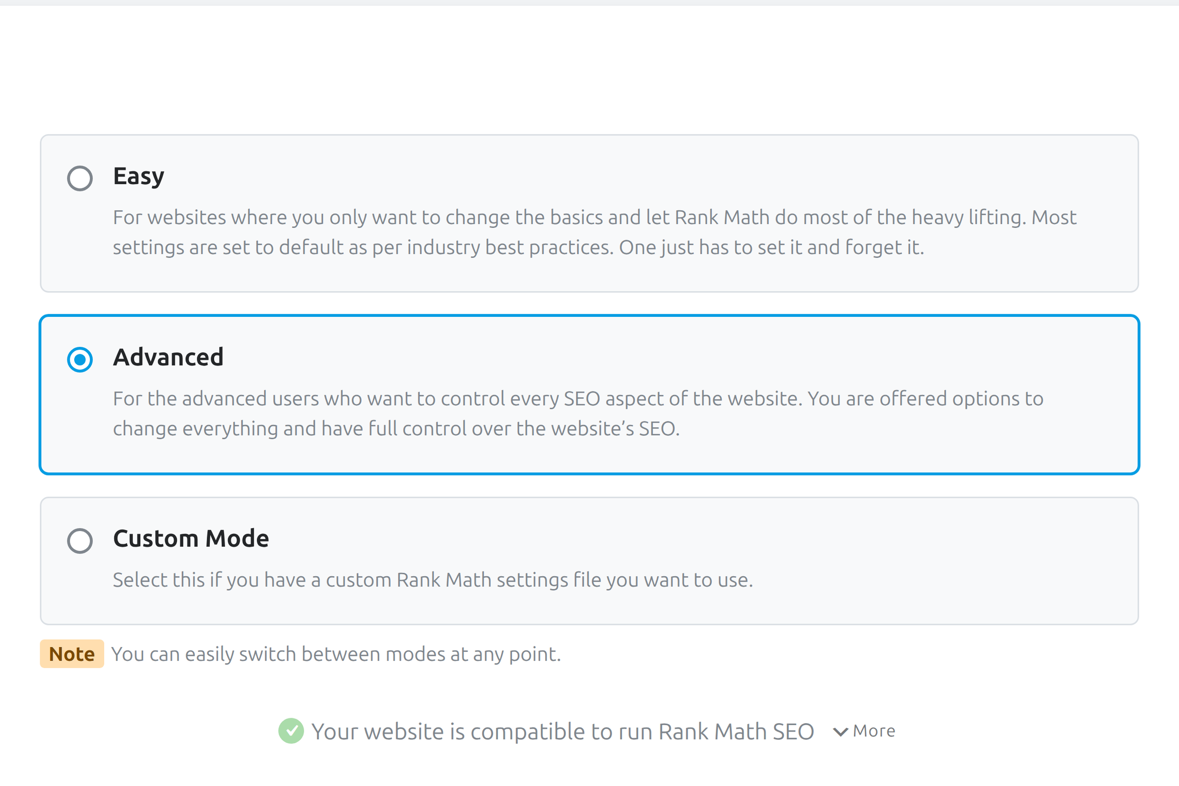 Easy Advanced and Custom modes in the Rank Math setup wizard
