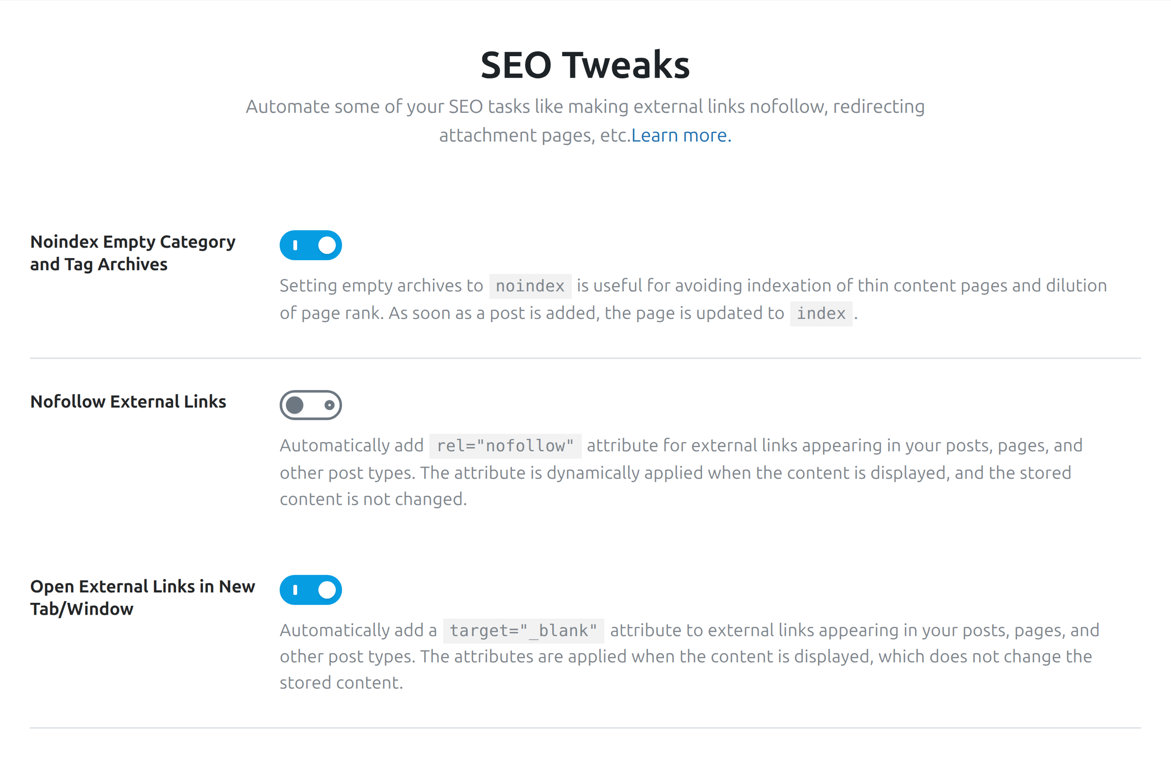 Noindex and external link options in Rank Math optimization settings