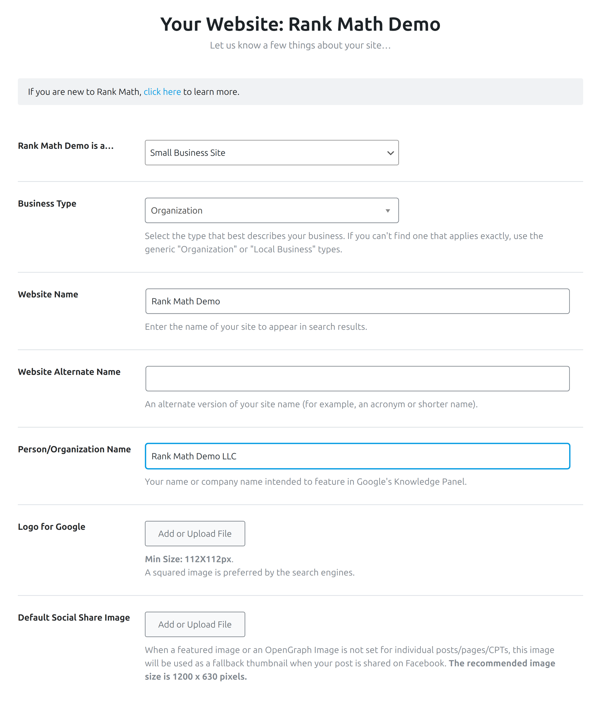 Business type and organization details in Rank Math