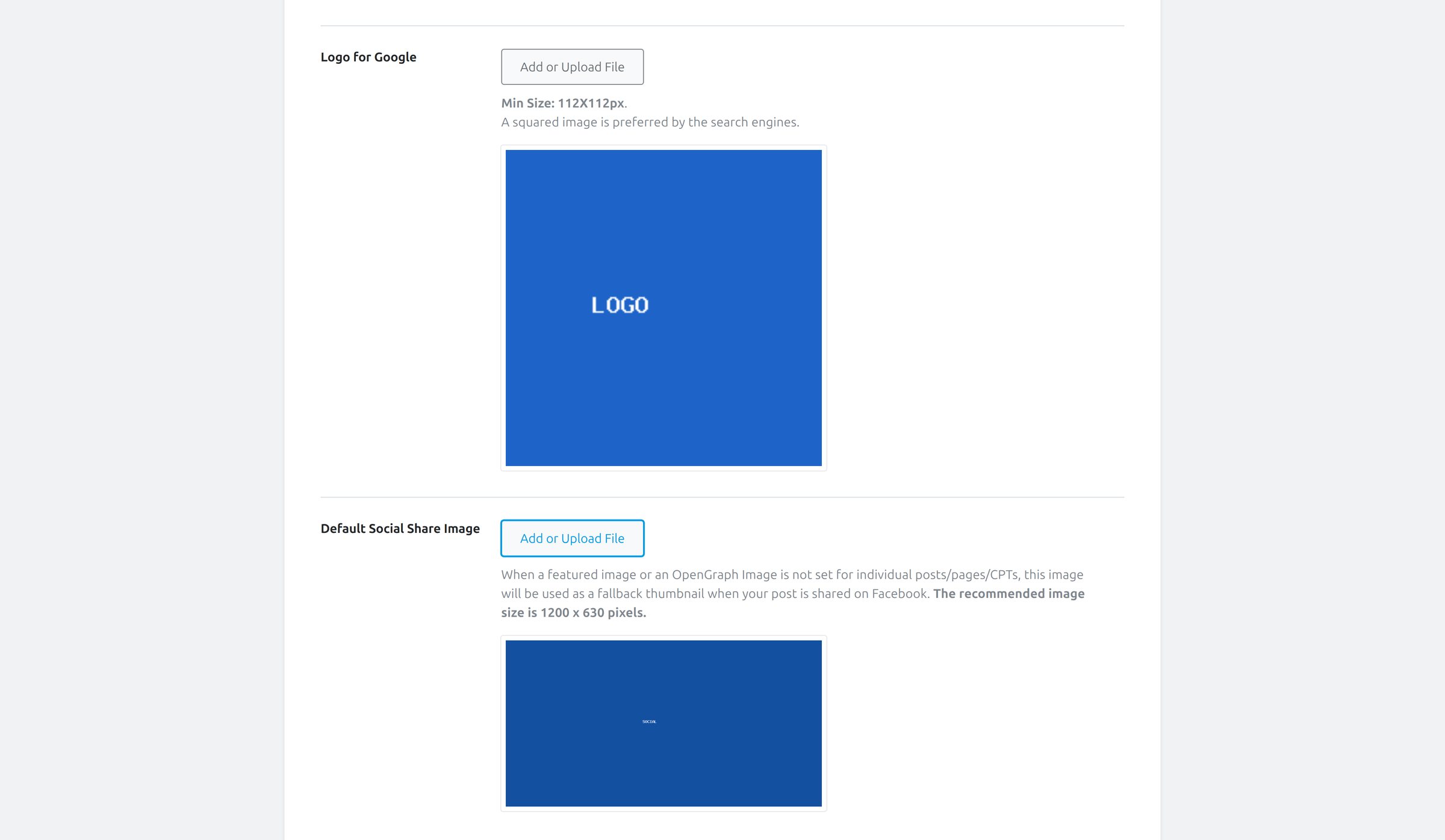 Google logo and default social sharing image in Rank Math