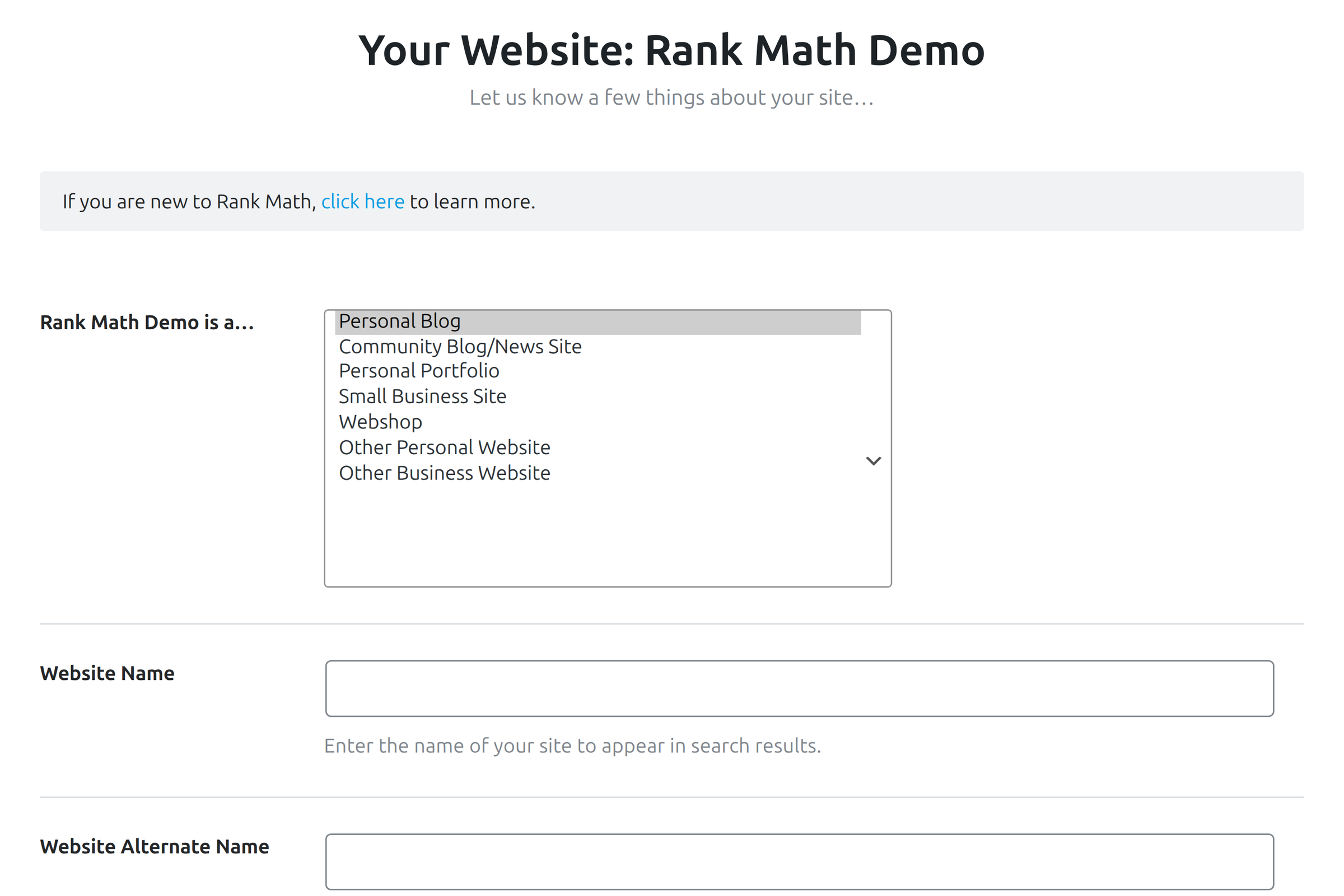 Website type selector in the Rank Math setup wizard