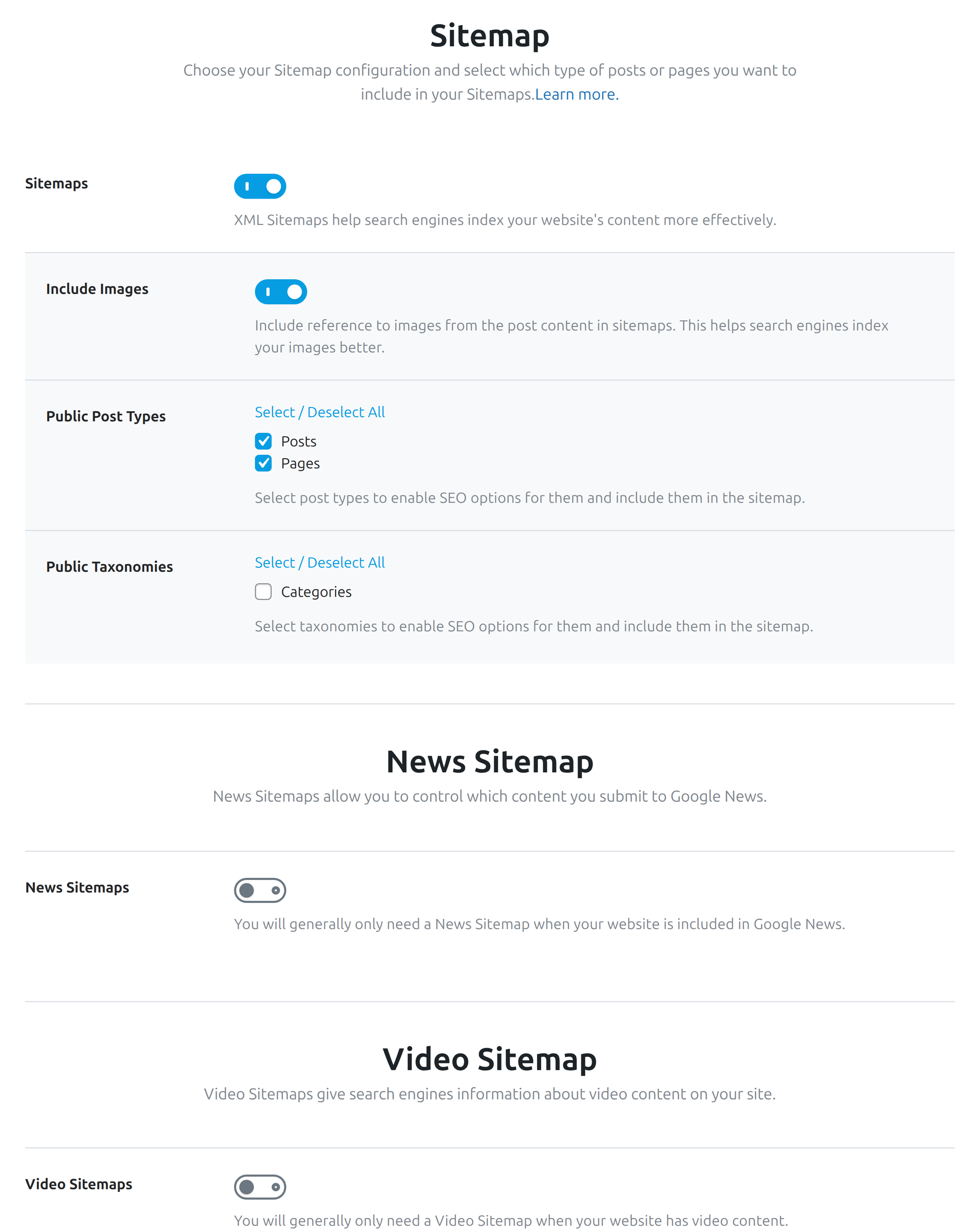 Sitemap settings for images post types and taxonomies in Rank Math