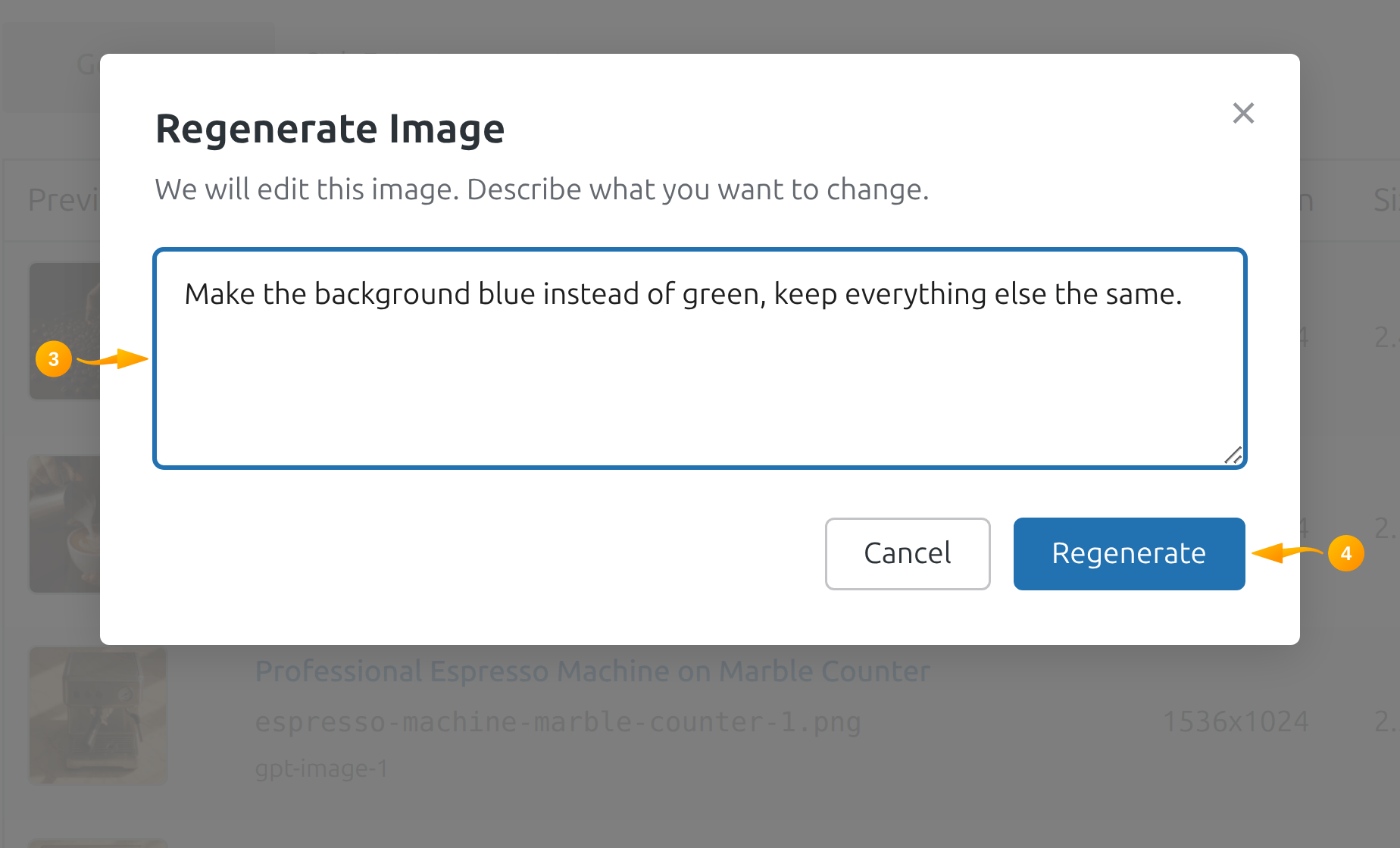 Regenerate Image modal in SmartyPress AI with a correction prompt textarea
