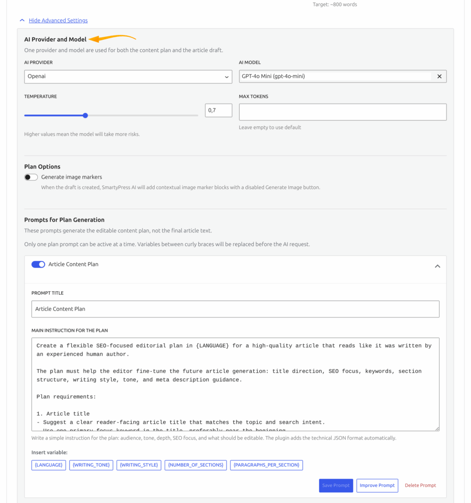 Advanced Settings panel in SmartyPress AI with provider model and plan prompt options