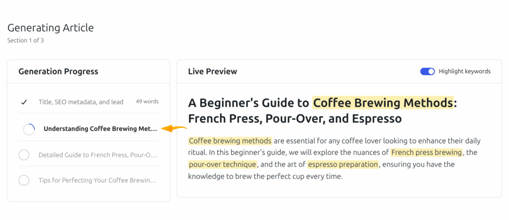 SmartyPress AI writing an article section by section with a live preview