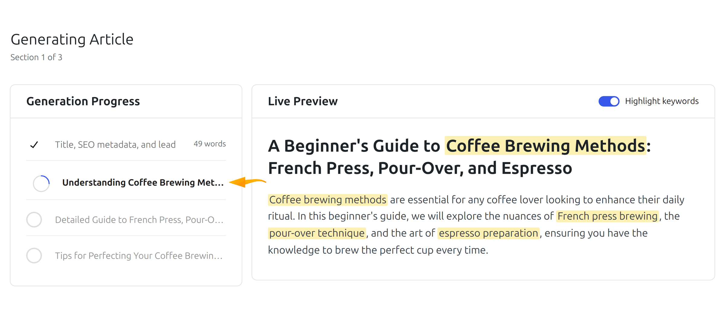 SmartyPress AI writing an article section by section with a live preview
