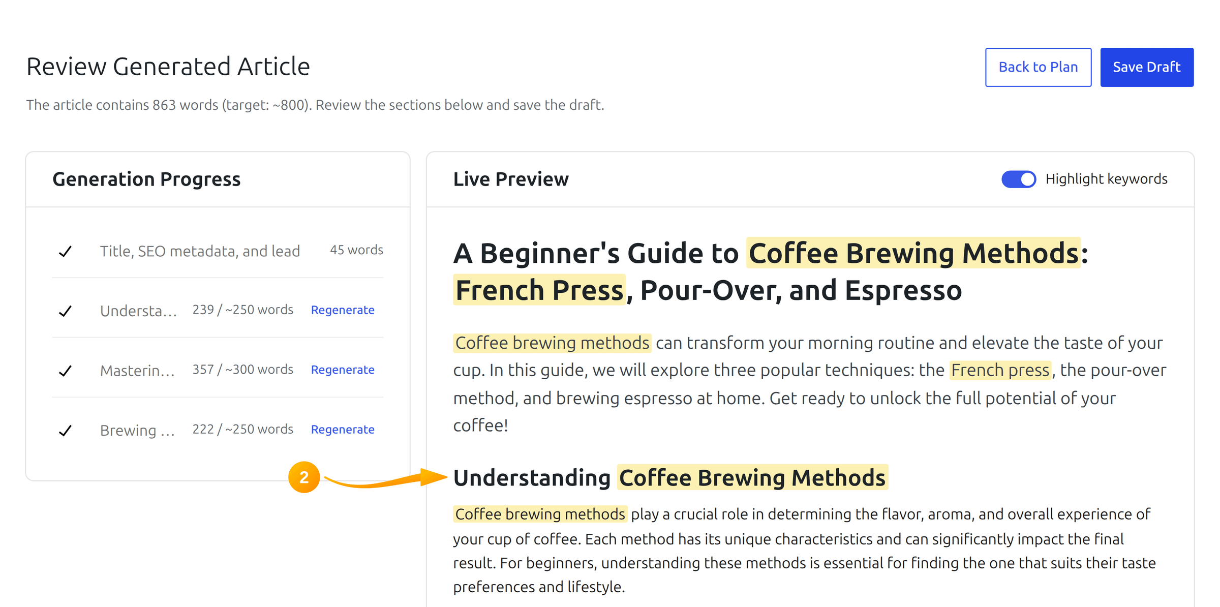 Review screen of a generated article in SmartyPress AI with the Save Draft button