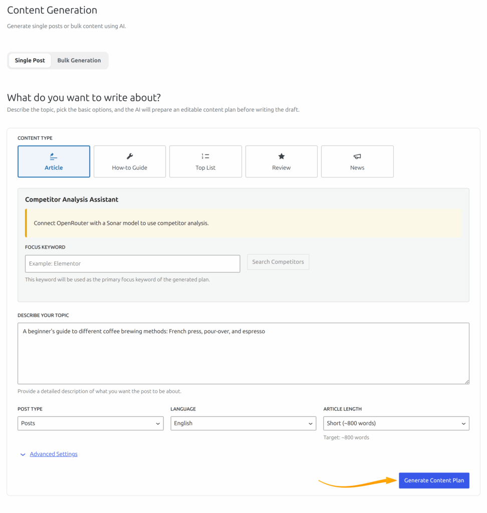 Content Generation topic step in SmartyPress AI with content type and topic fields