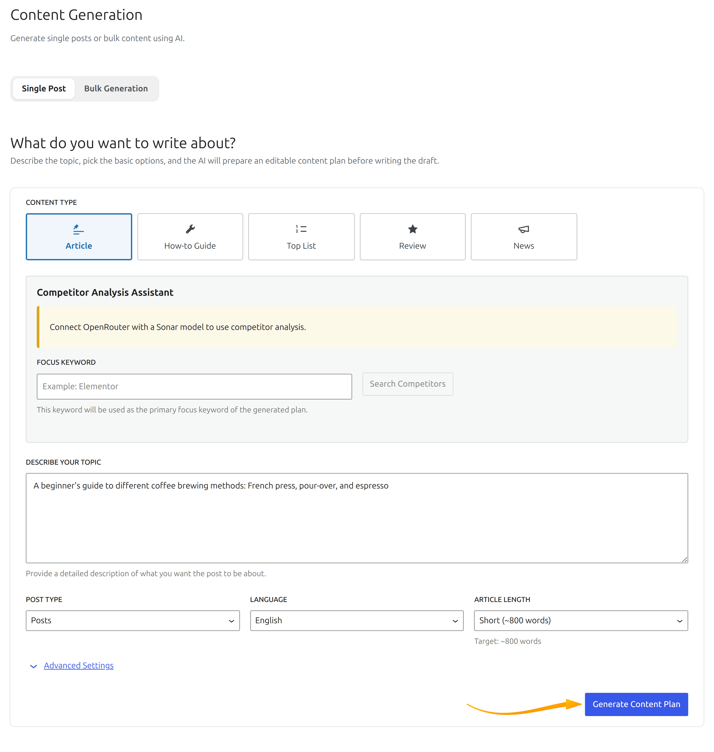 Content Generation topic step in SmartyPress AI with content type and topic fields