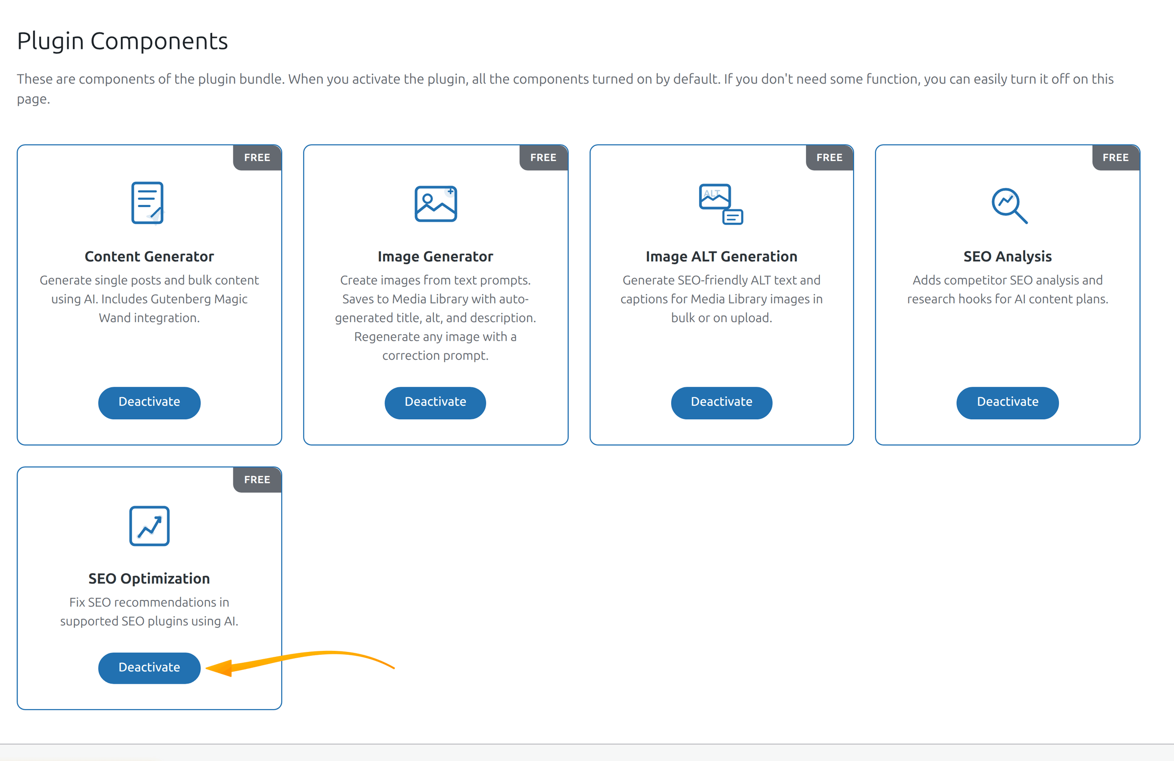 Plugin Components page in SmartyPress AI with an activation button on every module