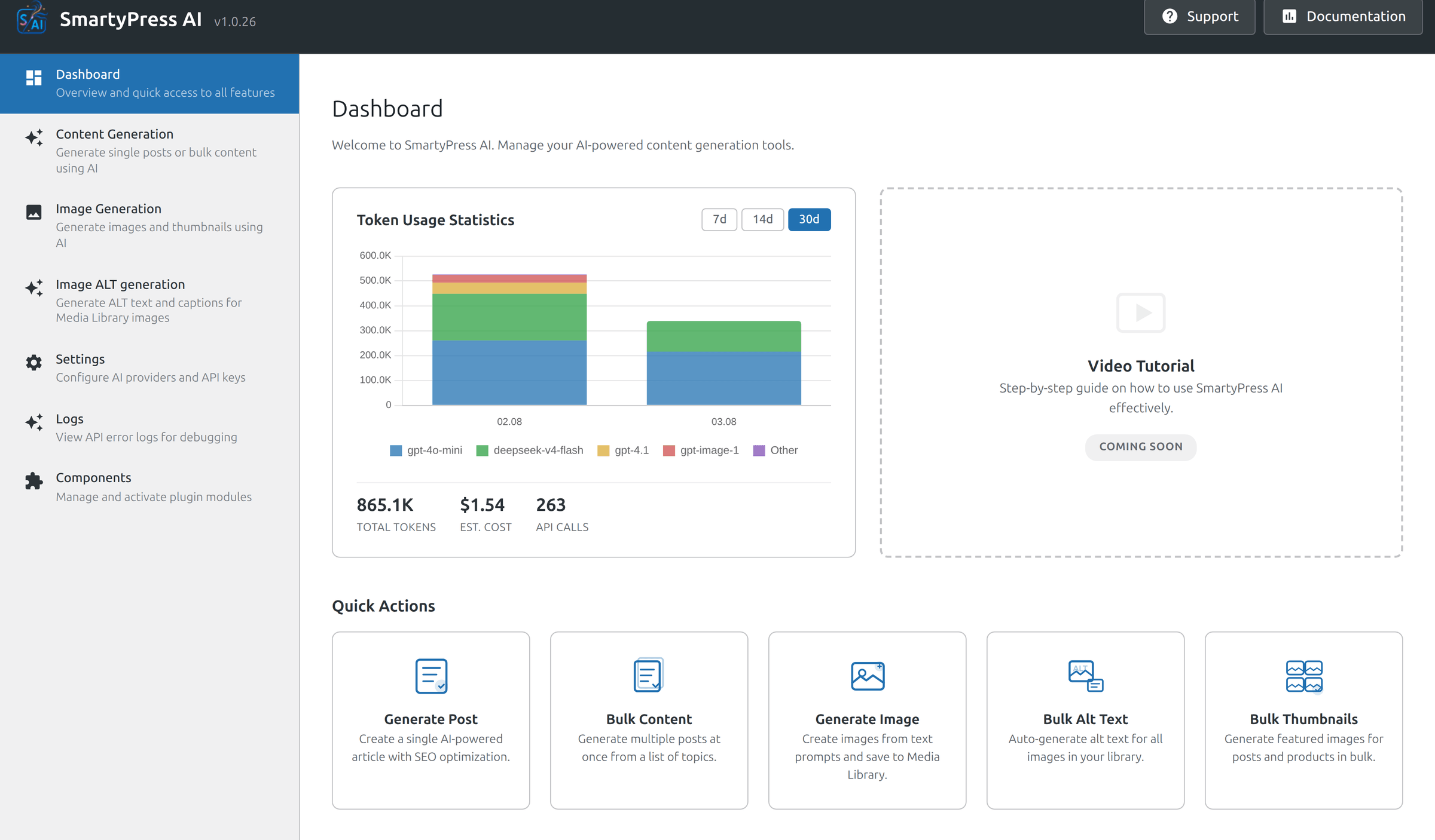 SmartyPress AI dashboard in the WordPress admin with the plugin menu and quick actions