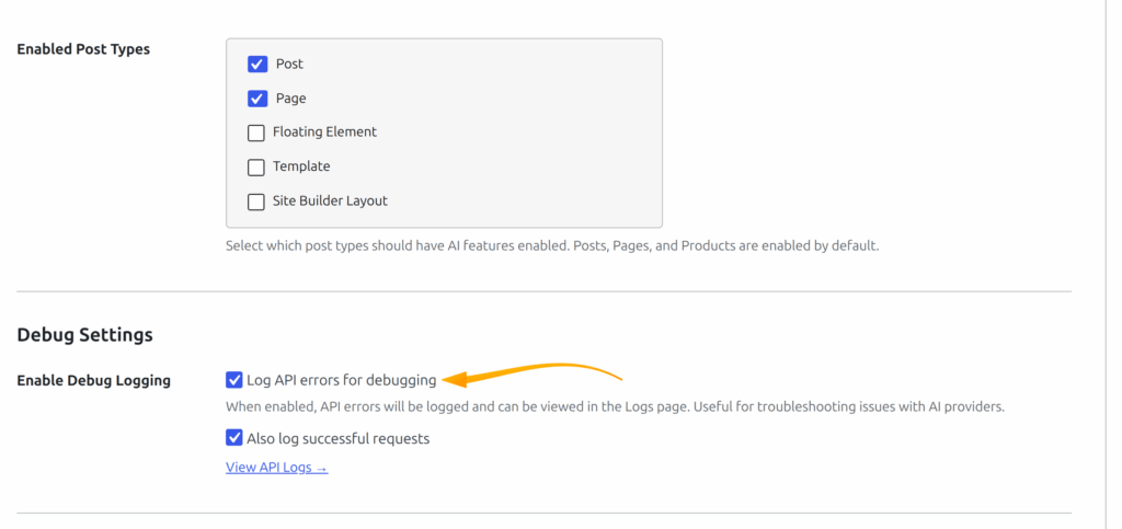 Debug Settings section in SmartyPress AI with API error logging enabled