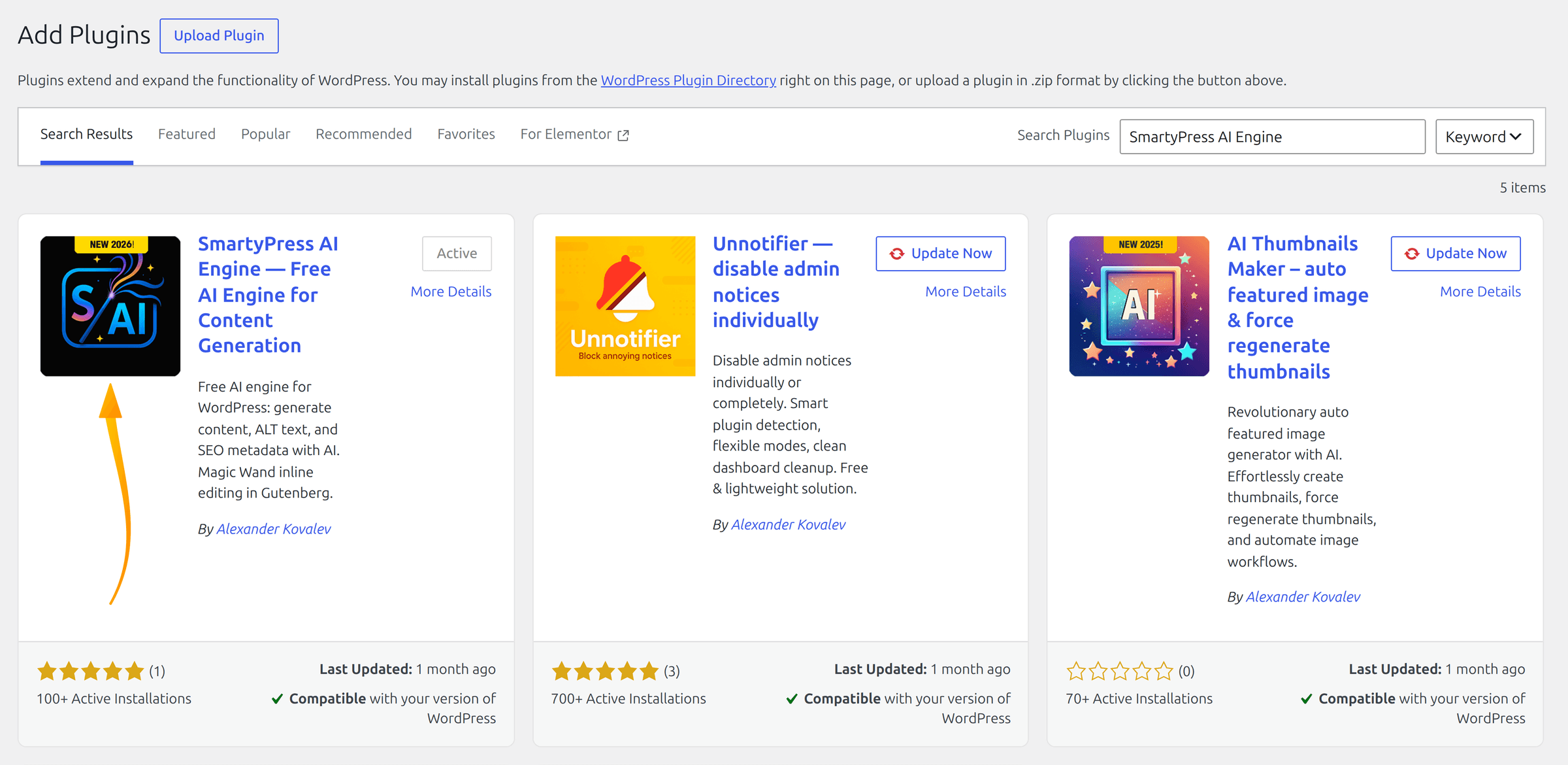 SmartyPress AI Engine plugin card in the WordPress admin Plugins → Add New search results, with name, description, author and rating