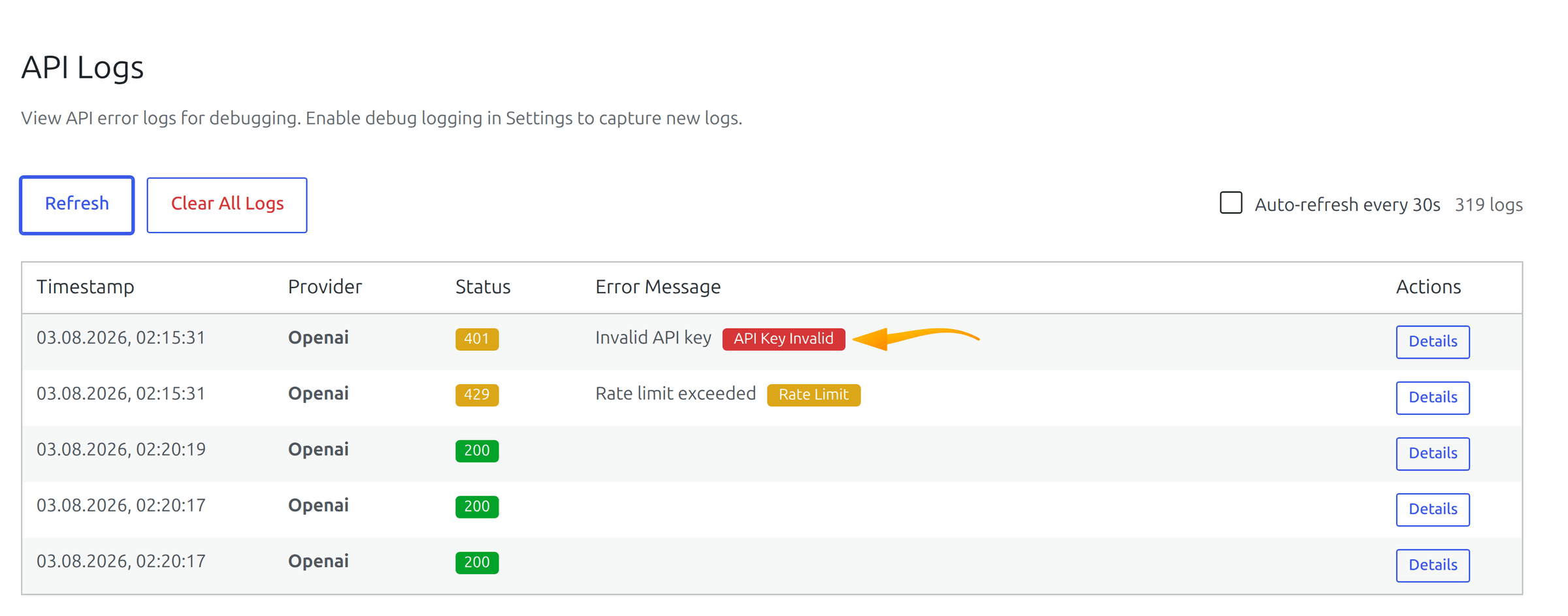 API Logs page in SmartyPress AI with successful and failed request entries