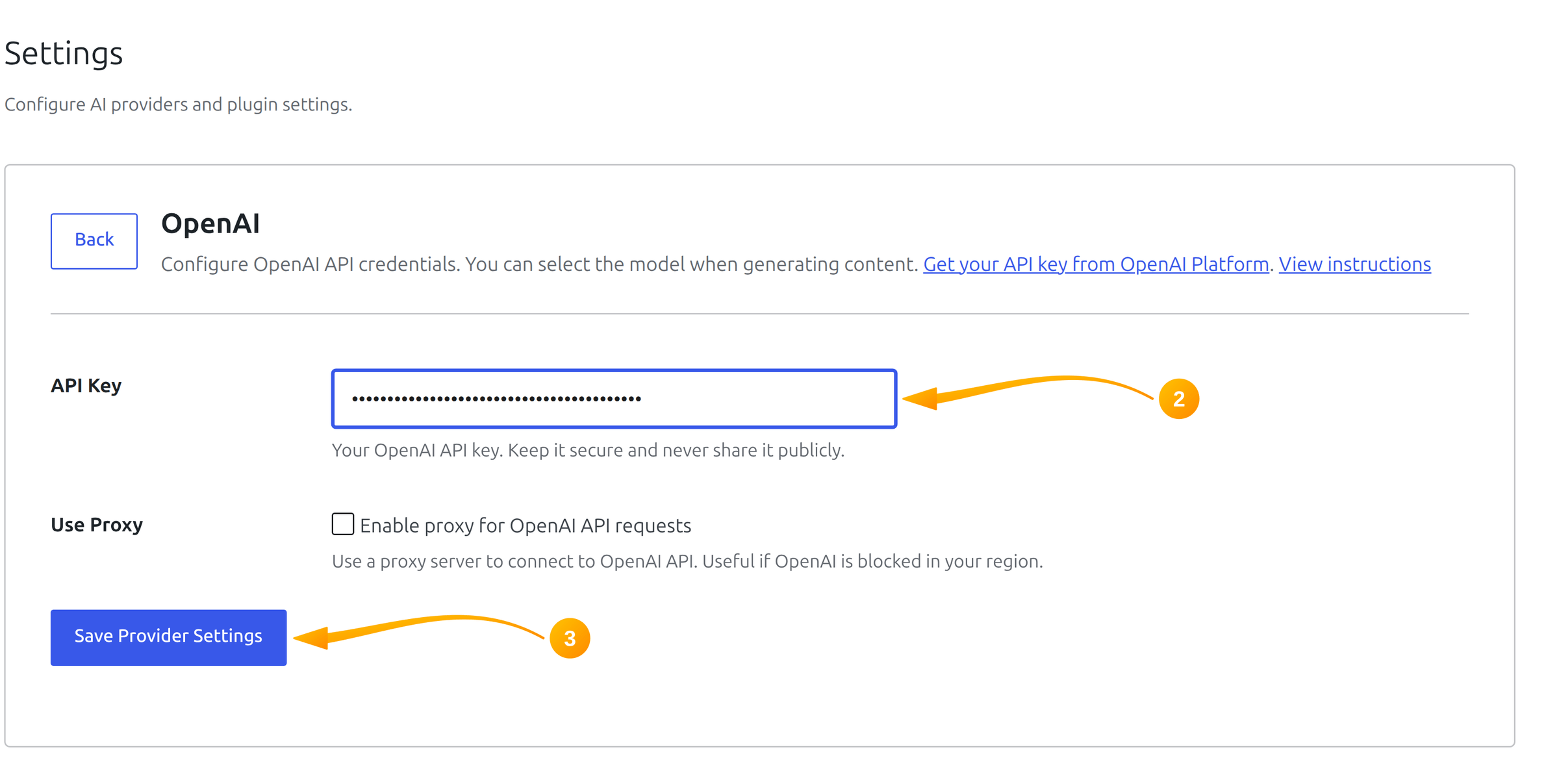 OpenAI provider card in SmartyPress AI settings with the API key field
