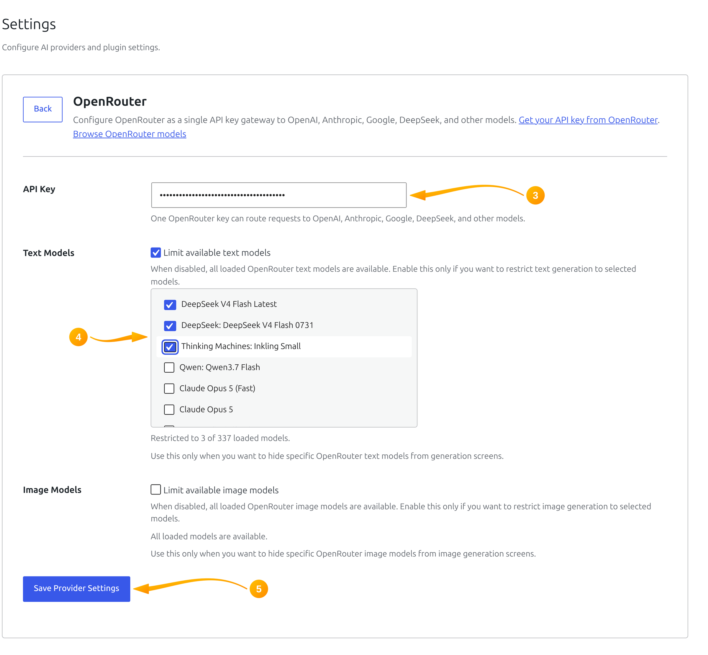 OpenRouter provider settings in SmartyPress AI with the text model restriction list