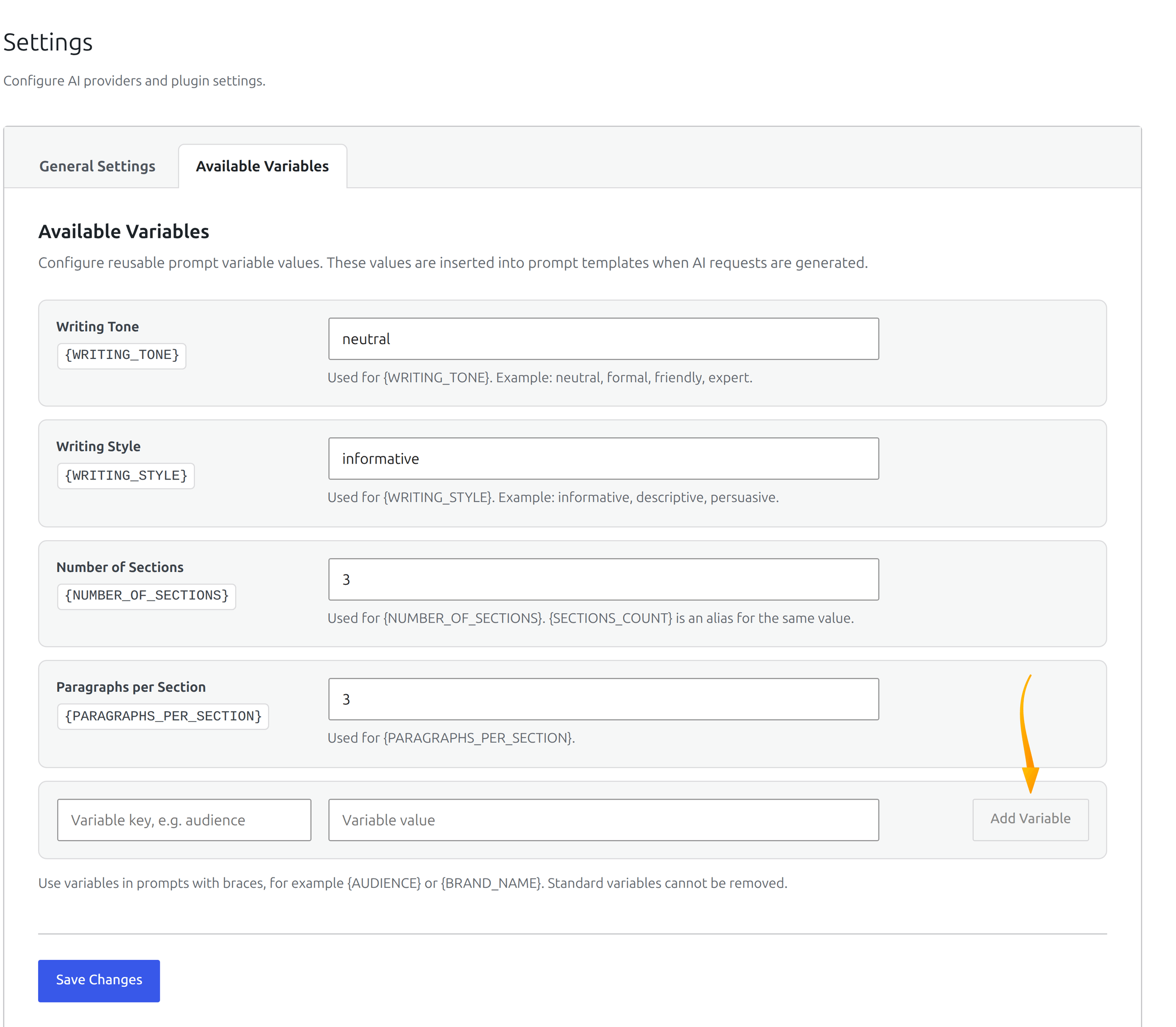 Available Variables tab in SmartyPress AI settings with reusable prompt values