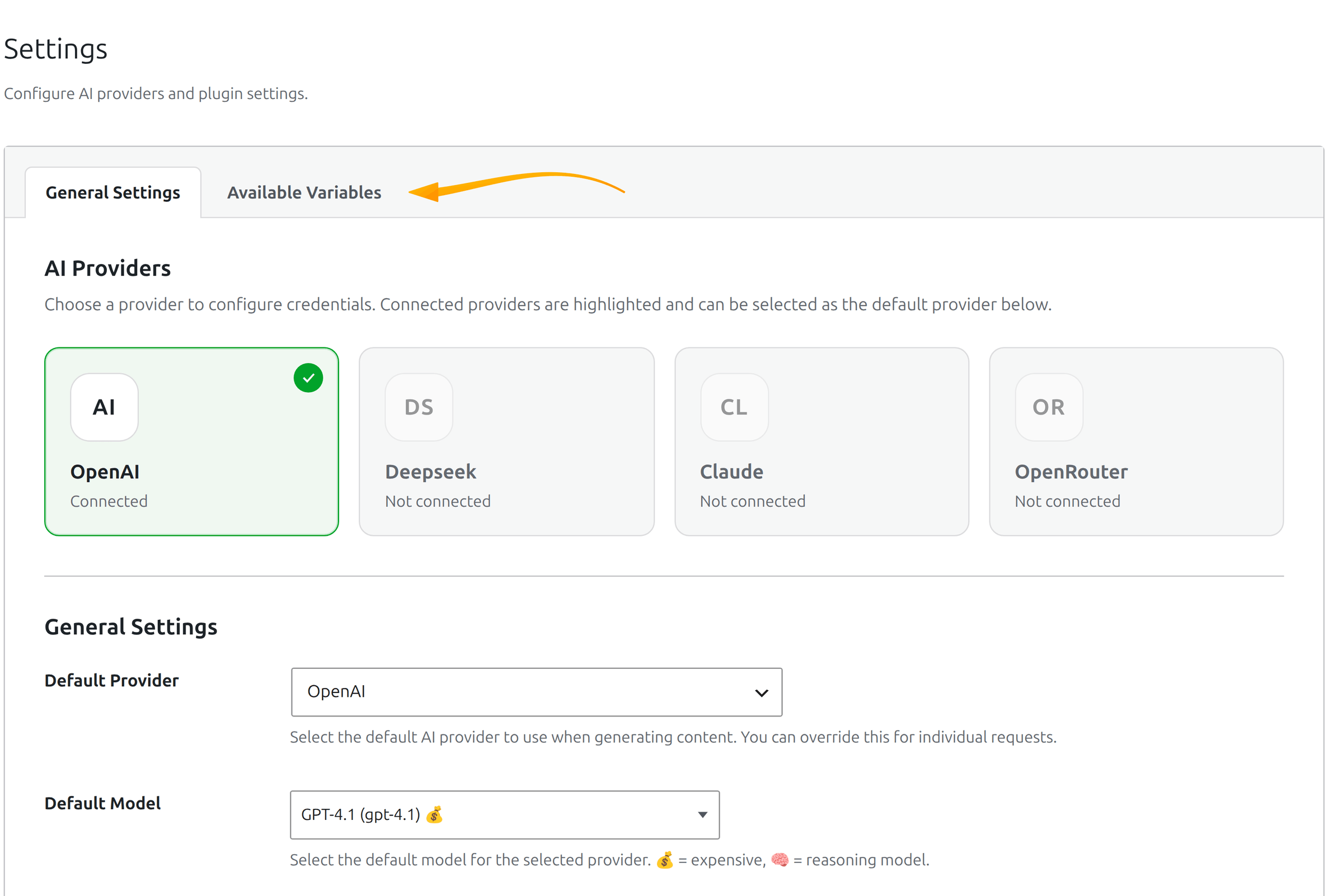 SmartyPress AI settings page with provider cards and general settings below