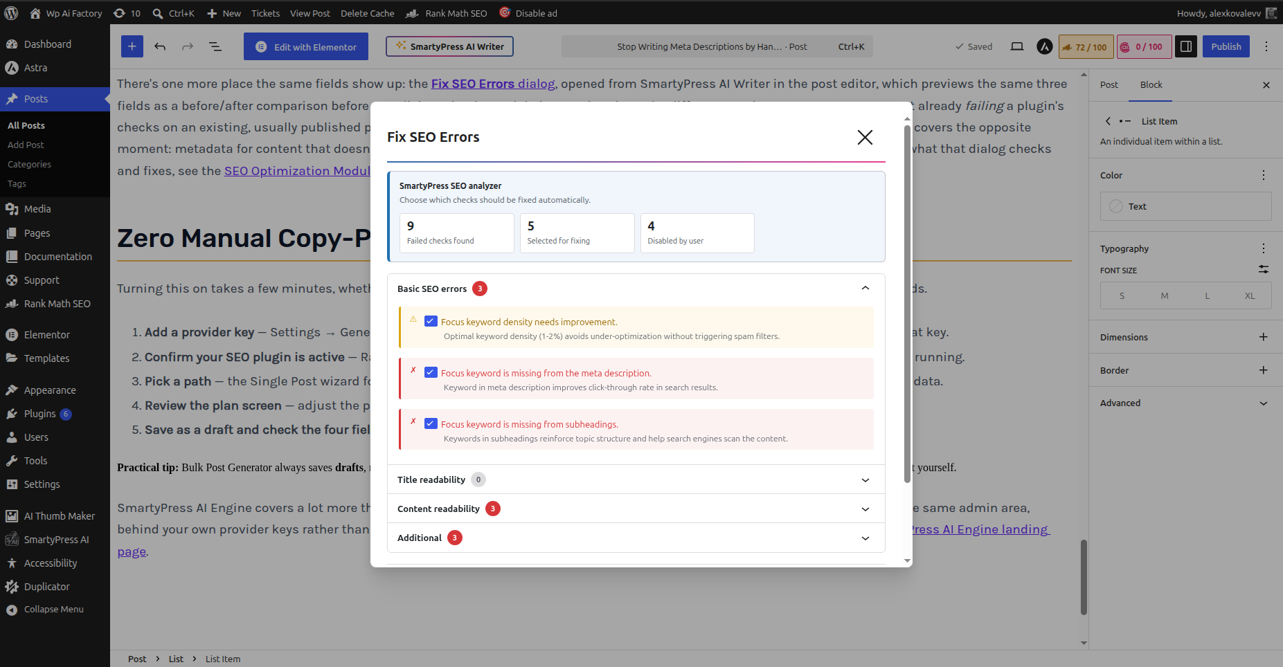 SmartyPress Fix SEO Errors dialog with failed Rank Math checks