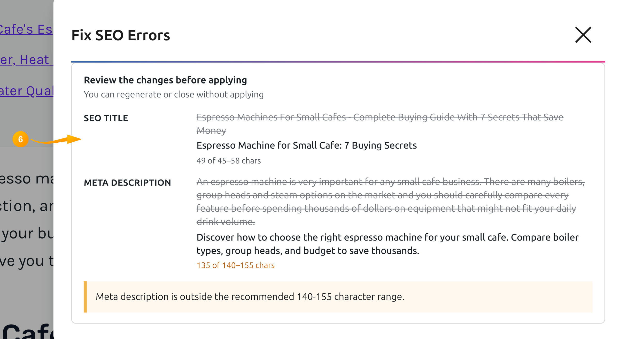 SmartyPress preview comparing original and generated SEO metadata